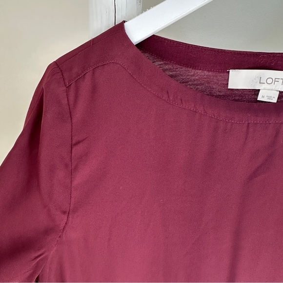 LOFT Deep Burgundy Short Sleeve Mixed Media Blouse Size Medium - Picture 6 of 9